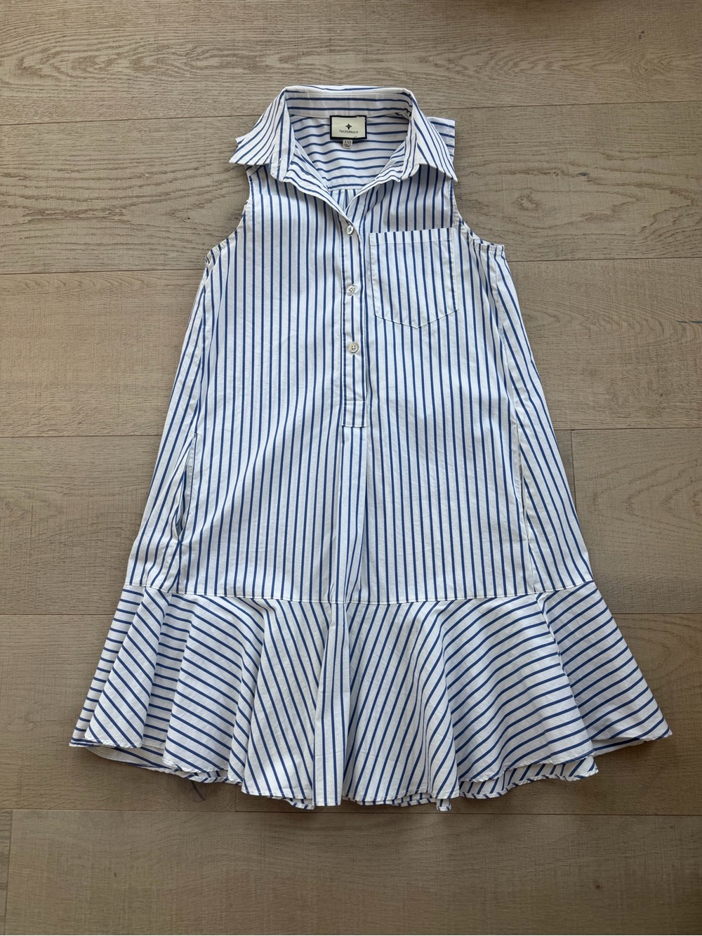 Tuckernuck White & Blue Striped Sleeveless Shirt Dress with Ruffle Hem
